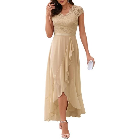 Women's Champagne V-Neck  Hi-Lo Floral Lace Prom Cocktail Party Formal Dress - Picture 5 of 8